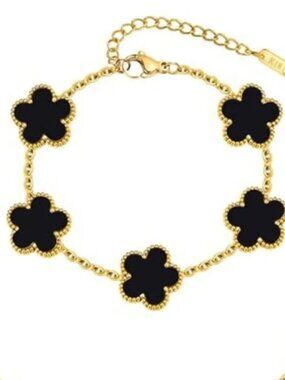 Black Floral Motif Chain Bracelet – 18K Gold Plated 925
